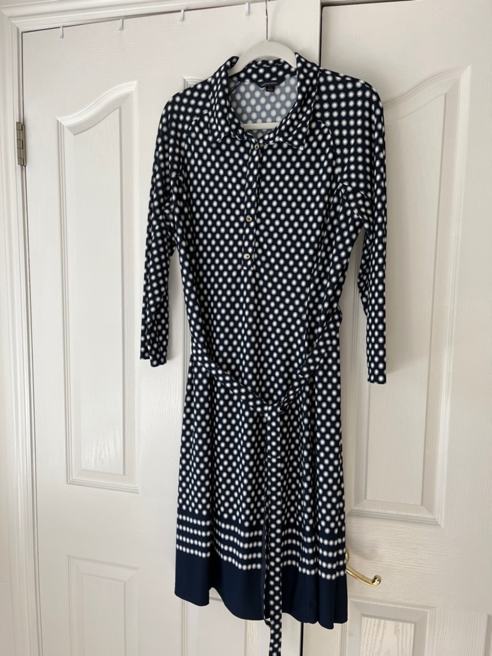 Lands' End Navy and White Polka Dot Long Sleeve Shirt Dress